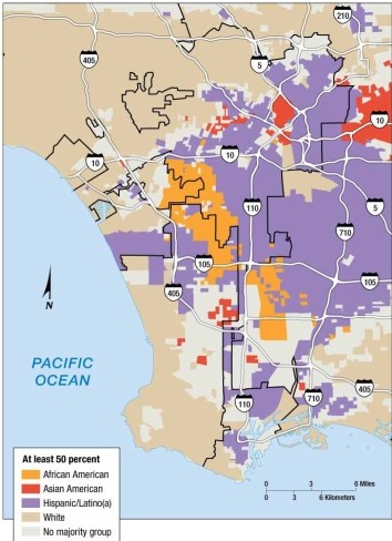 <strong> This map indicates that in Los Angeles, Asian Americans are mainly concentrated</strong> A) in the southeast. B) in the northeast. C) in the approximate geographic center. D) in a contiguous line from the northeast to the southeast. E) in an inverted pattern from west to east.