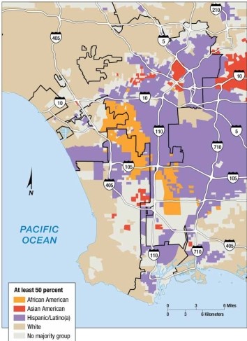 <strong> This map indicates that in Los Angeles, African Americans are mainly concentrated</strong> A) in the northeast. B) near the geographic center of the urban area. C) in the southeast. D) in a contiguous line from the northeast to the southeast. E) in an inverted pattern from west to east.