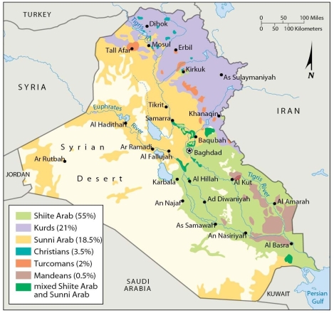 <strong> According to this map, the Kurds are likely</strong> A) in a new country created for them between Iraq, Iran, and Turkey. B) located in the Balkans. C) clustered completely in Iraq. D) divided among Turkey, Syria, Iraq, and Iran. E) divided among Iraq, Iran, and Syria.