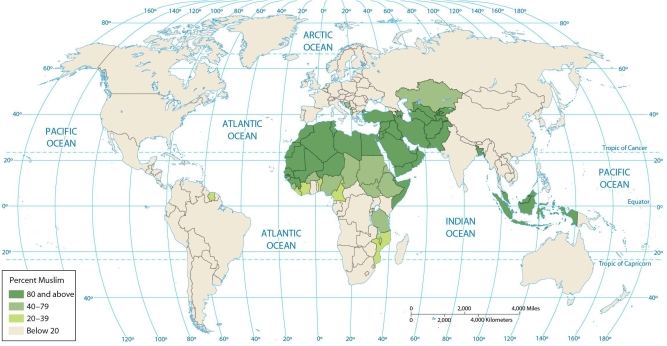 <strong> This map shows that Muslims are clustered in</strong> A) Southwestern Asia, Sub-Saharan Africa, and parts of South Asia. B) Southwestern Asia, North Africa, South America, and parts of North America. C) Eastern Europe, North America, South Asia, and parts of Russia, China, and Japan. D) East Asia, South Asia, and North Africa. E) Southwestern Asia, North Africa, and parts of South Asia and Southeastern Asia.