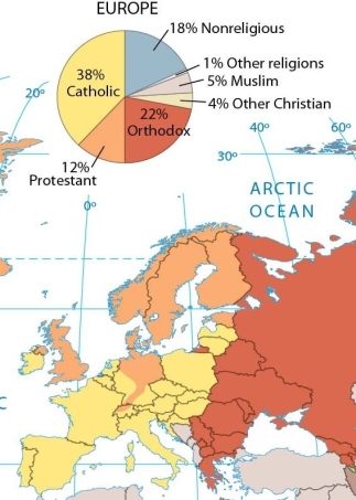 <strong> When analyzing the maps in this chapter, we can infer that in France,</strong> A) most of the people are Protestant. B) most of the people are Catholic. C) about half of the people are Catholic and half are Protestant. D) about one-fourth of the people are animists. E) the vast majority of the people are nonreligious.