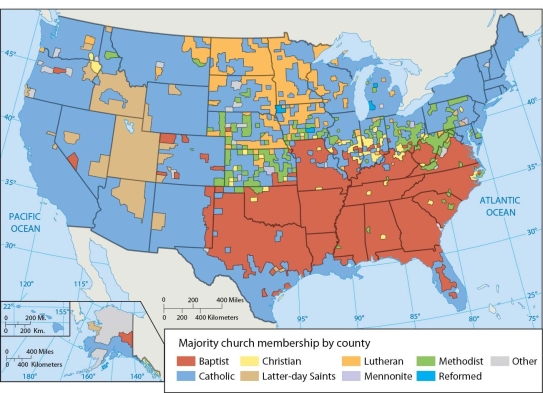 <strong> Based on the map above, we can surmise that a person from Alabama is more likely to be an adherent of</strong> A) a Baptist church. B) the Roman Catholic church. C) an Eastern Orthodox church. D) Judaism. E) Islam.