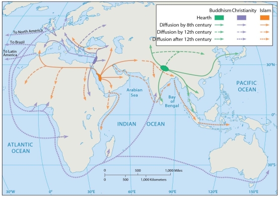 <strong> According to this map, Islam diffused initially to</strong> A) Southwest Asia, Northeast Asia, and South Asia. B) Southwest Asia and North Africa. C) West Africa, Southwest Asia, and Europe. D) North Africa, Europe, and Southeast Asia. E) Southeast Asia and Southwest Asia.