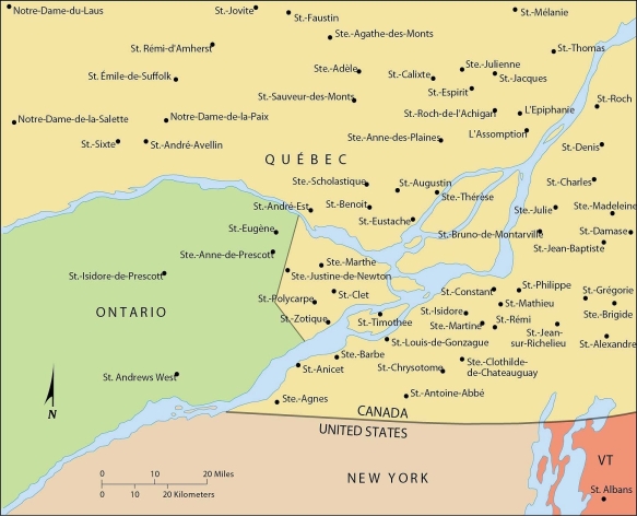 <strong> According to this map, the landscape of Quebec is distinguished from neighboring Canadian provinces and the United States partly because it</strong> A) has toponyms from non Indo-European languages. B) is not predominantly Christian. C) has numerous religious toponyms. D) may become part of France again. E) displays numerous examples of religious tolerance.