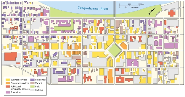 <strong> According to this plan of the CBD of Wilkes-Barre,</strong> A) public and business services are concentrated mainly along the riverfront. B) there is a mixture of public, semipublic, and business services in the suburbs. C) there is a mixture of public, semipublic, and business services in the downtown area. D) business services and consumer services hardly ever adjoin. E) there are separate districts for business services and public services.