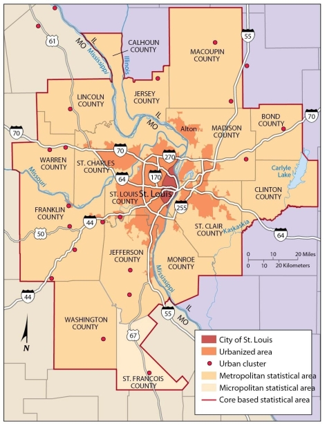 <strong> According to this map of the St. Louis area, the</strong> A) city itself extends to the east bank of the Mississippi River but the urbanized area does not. B) urbanized area extends through Washington and Clinton counties. C) urbanized area extends through Madison, Jefferson, and Lincoln counties. D) urbanized area extends through Madison and Jefferson counties. E) increase in the differences in densities is found throughout the entire urban area.
