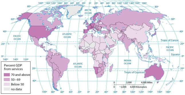 <strong> This map of the percentage of GDP from services indicates that services account for between 60 and 69 percent of GDP in</strong> A) Russia, Australia, and Germany. B) South Africa, Namibia, and Mexico. C) Mexico, Canada, and Russia. D) Brazil, Mexico, and Yemen. E) Brazil, the United States, and Canada.