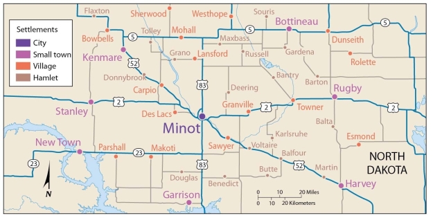 <strong> This map of central place theory in North Dakota indicates that the populations of</strong> A) Rugby and Granville are smaller than Towner. B) Granville and Towner are smaller than Rugby. C) New Town and Stanley are larger than Minot. D) Bottineau is smaller than Lansford. E) Lansford is larger than Minot.