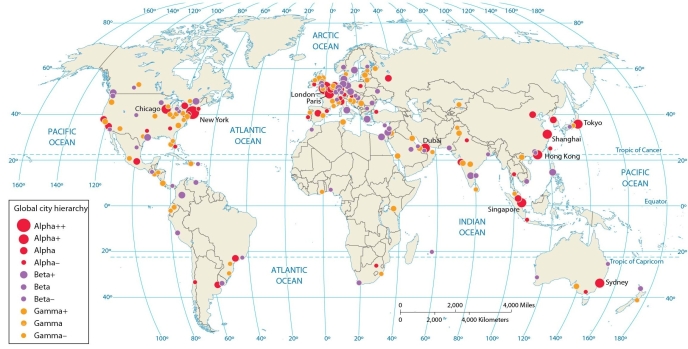 <strong> An analysis of this map of global cities indicates that</strong> A) Chicago is ranked above Sao Paulo. B) New York City is ranked below London. C) Sao Paulo is ranked above Chicago. D) Moscow is ranked above Sao Paulo. E) Cairo is ranked above Beijing.