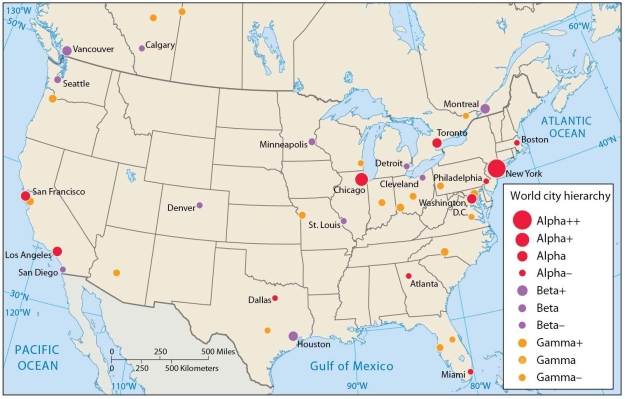<strong> An analysis of this U.S. map indicates that</strong> A) Phoenix is Gamma-ranked and San Diego is Beta-ranked. B) Phoenix is ranked above Denver. C) New York City is ranked below Chicago. D) New York City is Beta- and Gamma-ranked. E) San Diego is Gamma-ranked and Phoenix is Beta-ranked.