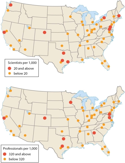<strong> According to these geography of talent maps,</strong> A) scientists in the western states are partly concentrated in and around Seattle, Denver, and San Francisco. B) scientists in the western states are mainly concentrated in Arizona, New Mexico, Montana, Wyoming, and Nevada. C) in the Midwest, the percentage of scientists in Chicago is greater than the percentage in St. Louis. D) scientists in the eastern states are mainly concentrated in South Carolina and West Virginia. E) there are almost no scientists in California or Arizona.