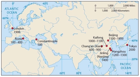 <strong> This map of early urban settlements indicates that by 1 A.D.</strong> A) Beijing was still a small settlement. B) Rome was the largest city in the world. C) Tokyo was one of the largest cities in the world. D) London was the largest city in the world. E) Constantinople was still a small settlement.