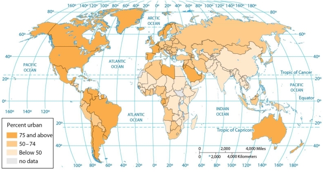 <strong> This map of the percentage living in urban settlements indicates that in the following countries, less than half of the people live in urban areas:</strong> A) South Africa, Kenya, Tanzania, Namibia, and Libya. B) Mexico, India, China, Saudi Arabia, and Libya. C) Niger, Chad, the Central African Republic, Kenya, Tanzania, and China. D) Niger, Chad, the Central African Republic, India, Australia, and South Africa. E) France, Germany, Romania, Russia, and Bulgaria.
