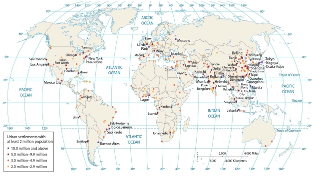 <strong> The map of major urban settlements indicates that the vast majority of cities with more than two million residents</strong> A) are located in North America and Europe. B) that are in Asia are situated on or near the coasts. C) that are in South America are on or near the coasts. D) that are in South America, Asia, and North America are on or near the coasts. E) are located in South Asia and Australia.