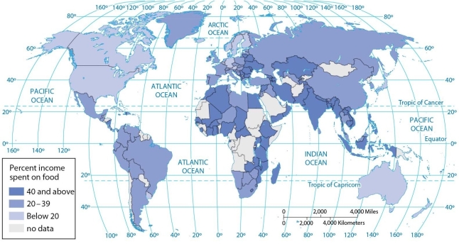 <strong> According to the map of income spent on food, less than 20 percent of average income is spent on food in</strong> A) Sweden, Finland, the United States, Canada, Australia, and Germany. B) Sweden, Finland, Canada, Afghanistan, the United States, and Mexico. C) Germany, Finland, Canada, Australia, Mongolia, and Saudi Arabia. D) Canada, Australia, the United States, and Mexico. E) the United States, Argentina, Peru, Ecuador, and Brazil.