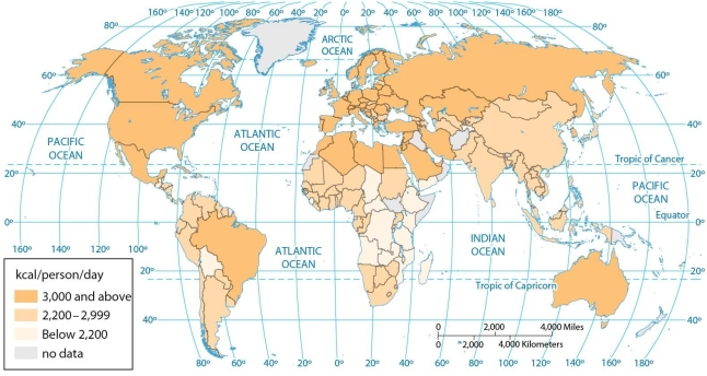 <strong> Using the map of dietary energy consumption as a reference (and momentarily ignoring other factors), we could predict that among the following countries, those most likely to suffer food shortages and/or undernourishment in the near future would be</strong> A) Kenya, Ethiopia, Yemen, and Chad. B) Kenya, Ethiopia, India, and Brazil. C) Ethiopia, Somalia, South Sudan, and Yemen. D) Kenya, Canada, Mexico, and Brazil. E) Bolivia, Mexico, Guatemala, Peru, and Ecuador.