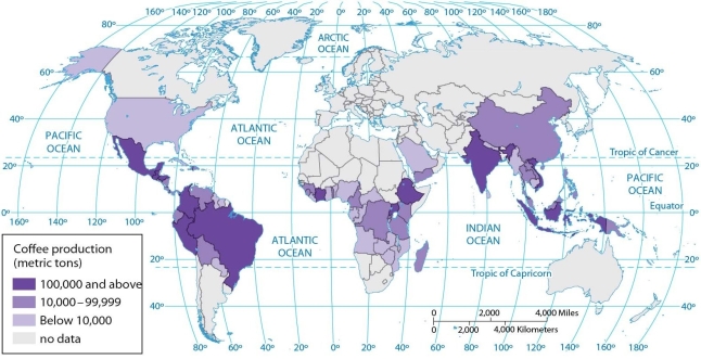 <strong> According to the map of coffee bean production, more than 100,000 metric tons of coffee beans are harvested annually in which countries?</strong> A) Brazil, Mexico, Peru, Indonesia, and Ethiopia. B) China, Ethiopia, Colombia, and India. C) Iran, Iraq, Colombia, Brazil, and Indonesia. D) Colombia, Brazil, Thailand, India, Japan, and China. E) Colombia, the United States, Indonesia, and Ethiopia.