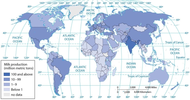 <strong> According to the map of world milk production, less than 1 million metric tons of milk are produced annually in</strong> A) Iraq. B) India. C) Iran. D) Peru. E) Mexico.