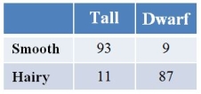 In tomatoes, tall is dominant to dwarf, and smooth fruits are dominant to hairy fruits.A plant homozygous for both dominant traits is crossed with a plant homozygous for both recessive traits.The F<sub>1</sub> progeny are crossed with a homozygous recessive, with the results shown in the table. These data indicate that the genes are