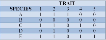 The table shows the ancestral and derived traits of five species (A-E). In the table, the ancestral state of each trait is indicated by 0, and the derived state is indicated by 1.Which species (if any) is sister to species E?