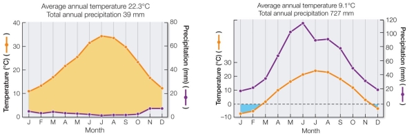 <strong>Refer to the diagrams below. The Walter climate diagrams illustrate typical annual temperature and precipitation values for which two biomes?</strong> A) Left: desert; right: boreal forest B) Left: desert; right: temperate grassland C) Left: tundra; right: boreal forest D) Left: temperate deciduous forest; right: temperate grassland E) Left: temperate grassland; right: temperate deciduous forest
