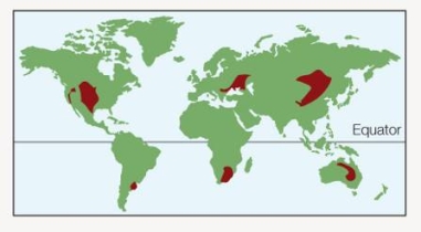 Refer to the figure below. The biome represented by the red areas is likely to have what type of primary vegetation?