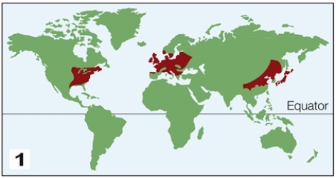 Refer to the figures, showing the locations of two biomes. Which biomes do these figures most likely represent?