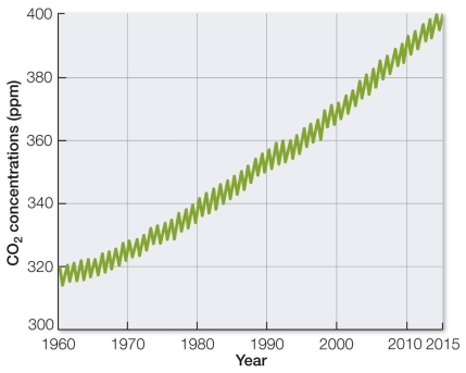 Refer to the graph, showing a continual increase in CO<sub>2</sub> since measurements began about 1960. Which type of data, when added to the data in this graph, would not provide evidence of a connection between rising CO<sub>2</sub> levels and rising global temperatures?