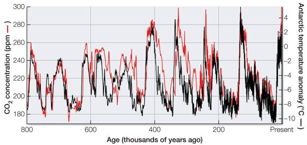 Refer to the graph. According to the graph, what conclusion can be drawn regarding the relationship between atmospheric CO<sub>2</sub> concentrations and Antarctic temperatures?