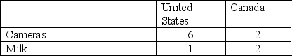 Assume a Ricardian,constant-cost world.There are two countries,the United States and Canada.Each country can produce cameras and milk.The table below shows production per man-hour for each country. The United States has a labor force of 1,000 workers,and Canada has a labor force of 500 workers. a)Graph the world supply curve for cameras. b)Show a possible world demand curve and price (assuming that both countries completely specialize).
