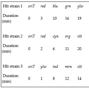 An interrupted mating study is carried out on the Hfr strains 1, 2, and 3. A small sample of each mixture is collected every minute for 20 minutes after conjugation is established. Results for each of the three Hfr strains are shown below. The total duration of conjugation (in minutes) is given for each transferred gene.