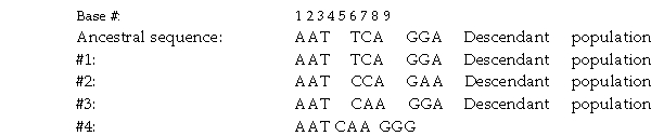 You obtain the following sequence data from a group of related populations: Construct a phylogenetic tree that fits the data and requires the least amount of genetic change, in other words, t most parsimonious outcome. Indicate which genetic changes occurred, if any, that were passed down to descendant populations.