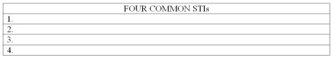 List at least four common sexually transmitted infections (STIs).