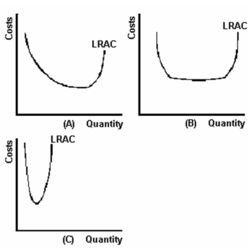 <strong>Refer to the graph above to answer this question. All of the following statements except one is correct. Which is the exception?</strong> A) The LRAC curve illustrates both the advantages of the division of labour and the law of diminishing returns. B) Economies, diseconomies and constant returns to scale are illustrated in the LRAC curve. C) Given the LRAC curve illustrated, a firm could be too small or too large. D) Diseconomies of scale exist at output levels above Q<sub>2</sub>. Sayre - Chapter 07 #59   <div style=padding-top: 35px> 