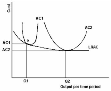 <strong>The graph below includes two plant sizes as illustrated by AC<sub>1</sub> and AC<sub>2</sub>.   Refer to the graph above to answer this question. Which of the following statements is correct if a firm is operating at point a on AC<sub>1</sub>?</strong> A) The firm has achieved capacity output. B) The firm is achieving MES. C) An increase in the output would not lower costs. D) Building a larger plant would result in lower long-run average cost. E) Building a larger plant would not result in lower long-run average cost. <div style=padding-top: 35px> 