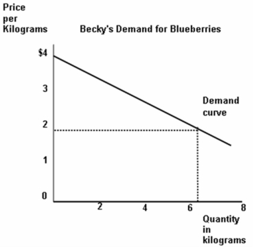 <strong>  Refer to the graph above to answer this question. The graph shows Becky's demand for blueberries which can be purchased in any quantities and sold at any price. What is Becky's total expenditure if the price of each kilogram of blueberries is $2?</strong> A) $2. B) $4. C) $6. D) $12. E) Cannot be determined. <div style=padding-top: 35px> 
