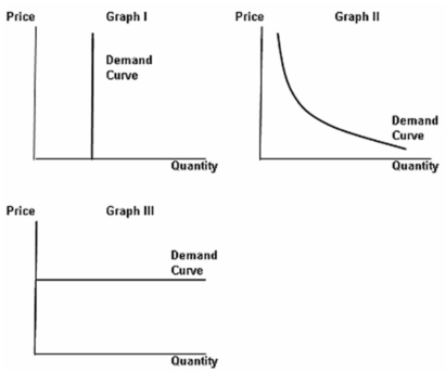 <strong> Refer to the graph above to answer this question. Which of the following statements is correct?</strong> A) The demand curve in I is perfectly elastic. B) The demand curve is II is unitary elastic. C) The demand curve in III is perfectly inelastic. D) The demand curve in I is unitary elastic.