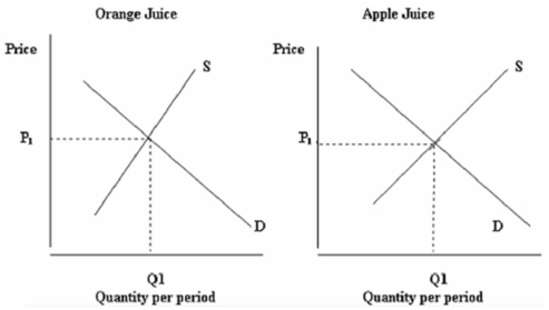 The two graphs below show the markets for orange juice and apple juice, which are initially in equilibrium: Show what will happen to the prices and quantities traded of both products if a severe frost in Florida were to seriously damage the orange crop.