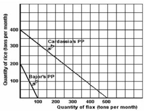 <strong>Below is a graph illustrating rice and flax production in the countries of Cardassia and Bajor. Refer to the graph above to answer this question.Which of the following statements is true?</strong> A)Cardassia has both an absolute and a comparative advantage in the production of rice. B)Bajor has both an absolute and a comparative advantage in the production of rice. C)Cardassia has both an absolute and a comparative advantage in the production of flax. D)Bajor has both an absolute and a comparative advantage in the production of flax.