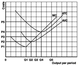 <strong>The following graph shows the costs for a perfectly competitive producer: Refer to the above graph to answer this question.What is the value of the break-even price?</strong> A)P1. B)P2. C)P3. D)P4. E)P5.