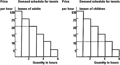 <strong>  Refer to the graph above to answer this question.The graph shows a tennis coach charges $20 per hour for tennis lessons for adults and $10 per hour for tennis lessons for children.What is the total revenue of the tennis coach?</strong> A)$20. B)$30. C)$80. D)$110. E)Cannot be determined. <div style=padding-top: 35px> 