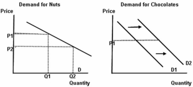 -Refer to the graphs above to answer this question.Suppose that the price of nuts decreases from P<sub>1</sub> to P<sub>2</sub> and the demand curve for chocolates shifts to the right from D<sub>1</sub> to D<sub>2</sub>.What is the effect to total revenue from the sale of both nuts and chocolates?