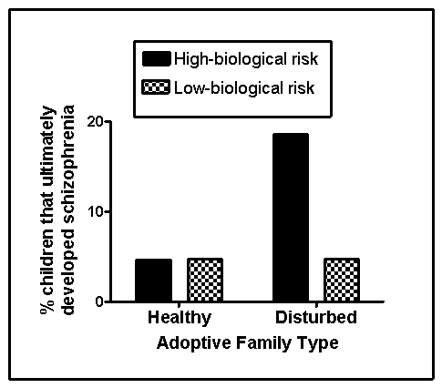 <strong>Use the following to answer questions Scenario II The following scenario presents fabricated data consistent with the results of the following study: Tienari,P. ,Wynne,L.C. ,Sorri,A. ,Lahti,I. ,Läksy,K. ,Moring,J. ,& ...Wahlberg,K.(2004).Genotype-environment interaction in schizophrenia-spectrum disorder: Long-term follow-up study of Finnish adoptees.The British Journal of Psychiatry,184(3),216-222.doi:10.1192/bjp.184.3.216 Schizophrenia affects approximately 1% of the general population and is characterized by the profound disruption of basic psychological processes;a distorted perception of reality;altered or blunted emotional affect;and disturbances in thought,motivation,and behavior.The symptoms of schizophrenia are varied and are typically classified as either positive or negative.Positive symptoms of schizophrenia refer to thoughts and behaviors typically not observed in those without the disease and can include things like delusions (patently false beliefs),hallucinations (false perceptual experiences),and disorganized speech.Negative symptoms of schizophrenia are deficits or disruptions in normal behaviors,such as social withdrawal.Cognitive deficits in executive functioning,attention span,and working memory may also be observed. The symptoms of schizophrenia usually begin in late adolescence and the disease has a strong genetic component.Over the years,a number of biological factors have been linked to schizophrenia,although none alone adequately accounts for the disorder.One such example is the dopamine hypothesis,which states that schizophrenia is related to an excess in dopamine activity.Another theory points to enlarged brain ventricles and progressive cortex tissue loss as predictive of schizophrenia.Although only a minority of persons with schizophrenia have enlarged ventricles,this structural anomaly can appear in those without the disease,and dopamine antagonists may also produce this effect. Although research into the environmental determinants of schizophrenia has focused largely on the prenatal environment,psychological and social factors also contribute.Tienari and colleagues (2004)compared the risk of developing schizophrenia in children adopted into healthy versus disturbed families,the latter characterized by extreme conflict,volatile relationships,and communication deficits.Some of these children under investigation were identified as at-risk genetically for schizophrenia because their biological mothers were schizophrenic.The remainder were classified at low risk.The investigators utilized a longitudinal design and obtained the diagnostic status of the children with respect to schizophrenia when they reached young adulthood.Fabricated results consistent with this study are shown in Figure 15.2 Figure 15.2 (Scenario II)Numerous studies have demonstrated enlarged ventricles in patients with schizophrenia,particularly those exhibiting the negative symptoms of the disease.Why would interpretation of this finding NOT be complicated?</strong> A)Treatment drugs may produce ventricular enlargement. B)The majority of people with schizophrenia do not show ventricular enlargement. C)Identical twins of persons with schizophrenia do not usually exhibit enlarged ventricles. D)Persons with enlarged ventricles may not exhibit symptoms of schizophrenia.