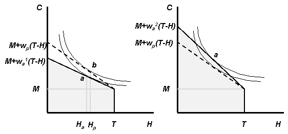 <strong>Figure 16.1 \text { Mary } Mary \text { Jane } Jane -According to figure 16.1 how much can each woman consume if they don't participate in the workfare program?</strong> A) Each woman can consume M B) Mary can consume at point A; Jane can consume at point B C) Mary can consume at point A; Jane can consume at point A D) There is not enough information to tell