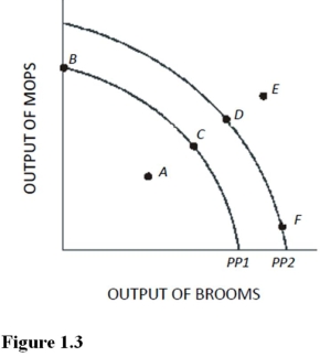 <strong>Use the following figure to answer questions: Figure 1.3 Using Figure 1.3 and PP1,at point A,</strong> A)There is inefficient use of available resources. B)The available technology keeps production inside PP1. C)All available resources are being used efficiently. D)An increase in the production of mops would definitely require a decrease in the production of brooms.