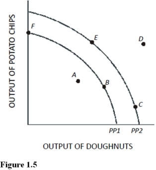 <strong>Use the following figure to answer the questions: Figure 1.5 if an economy is currently producing on PP2,which of the following would shift the production possibilities curve toward PP1?</strong> A)An increase in the quantity of labor available. B)A decrease in the amount of capital available. C)An increase in the level of unemployment above the normal level. D)An advancement in technology.