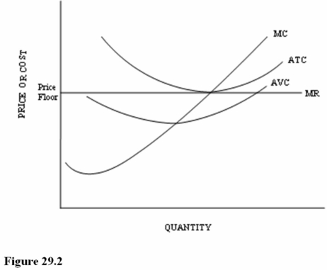 <strong> Refer to Figure 29.2 for Farmer Smith with a price floor set above the market price. Assume the price support is located at the minimum point on the farmer's ATC curve. If this support is eliminated, all of the following will result except</strong> A) Some farmers will leave the industry. B) Farmers will begin to lose money as the price returns to equilibrium. C) Fewer resources will be allocated to this market. D) The rate of return on invested capital will increase.