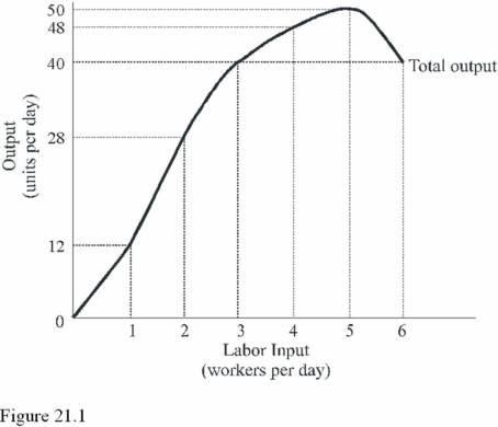 <strong> In Figure 21.1, diminishing marginal returns first occur with the</strong> A) Fifth worker. B) Fourth worker. C) Third worker. D) Second worker.