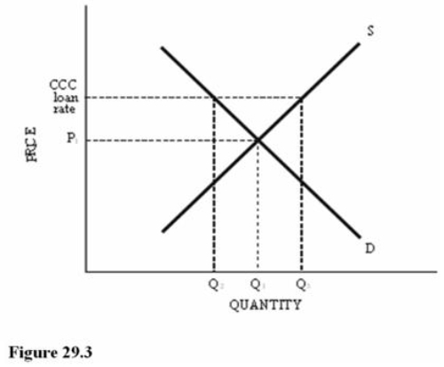 <strong> Refer to Figure 29.3 for a cotton market with an equilibrium price of P<sub>1</sub> and a Commodity Credit Corporation (CCC) loan rate set above P<sub>1</sub>.If the CCC loan rate is increased, the</strong> A)Surplus in the market will become larger. B)Surplus in the market will become smaller. C)Shortage in the market will become larger. D)Shortage in the market will become smaller.