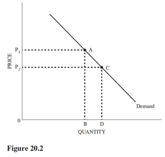 <strong>Refer to Figure 20.2.Comparing the price elasticity of demand at points A and C,we can say that </strong> A)The elasticities are the same because the points are on the same demand curve. B)Point A has a greater price elasticity of demand in absolute value. C)Point C has a greater price elasticity of demand in absolute value. D)Demand elasticity is indeterminate because specific price data are not given.